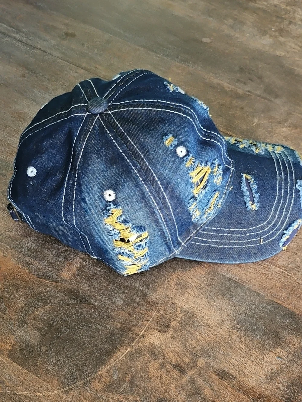 NWT Denim Distressed Baseball Cap With Yellow Accents
